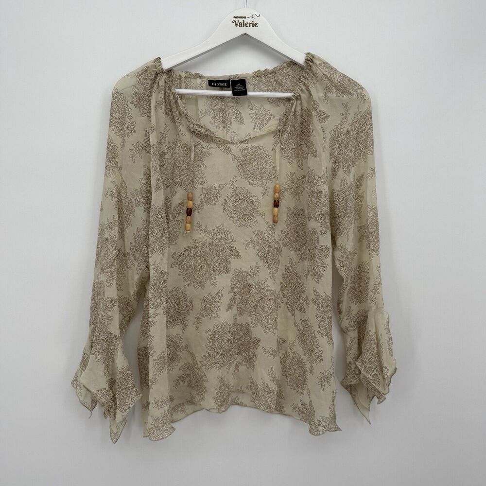 111 State Petite Silk Boho Sheer Floral Flowy Blouse Ruffle Size 14P